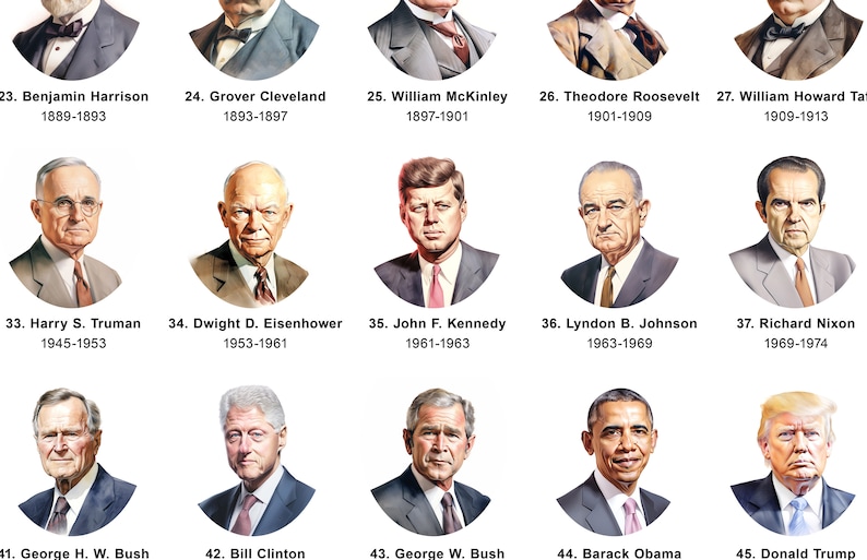 May include: A colorful chart showing portraits of the presidents of the United States, with their names and years in office listed below each portrait.
