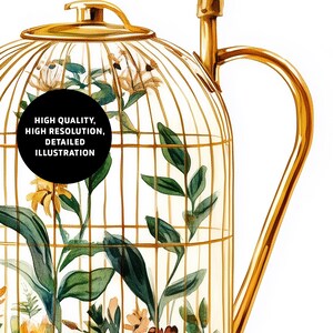Peut inclure: Une th&eacute;i&egrave;re dor&eacute;e avec un motif de cage &agrave; oiseaux. La cage est remplie de feuilles vertes et de fleurs. La th&eacute;i&egrave;re a une poign&eacute;e et un bec verseur dor&eacute;s.
