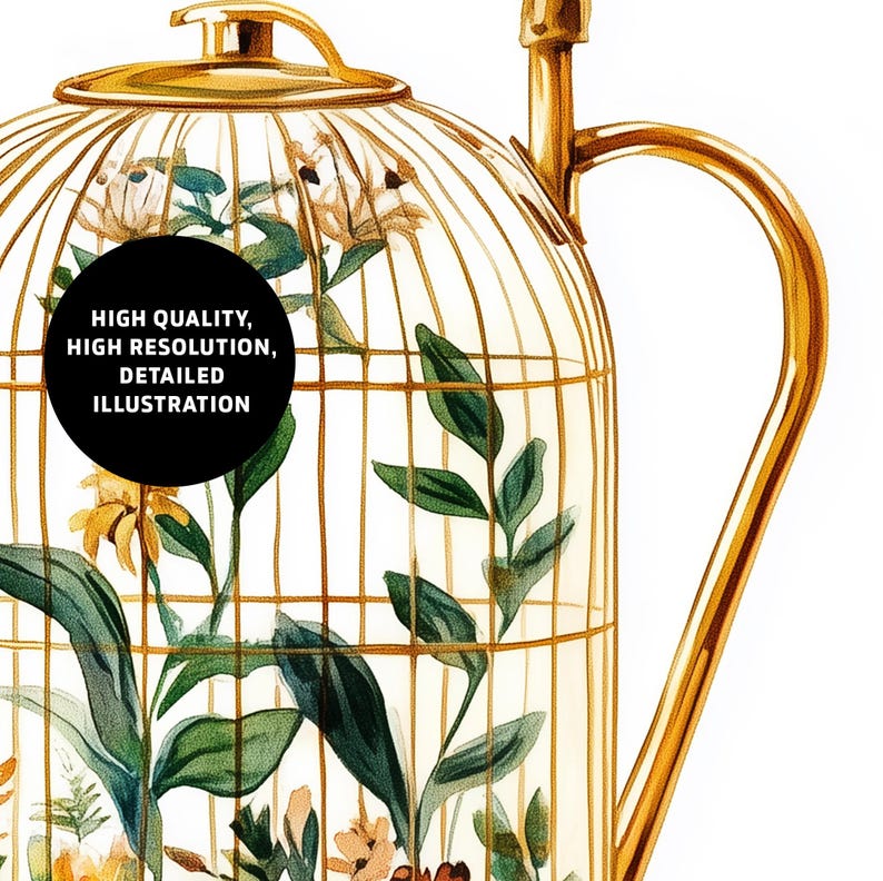 Peut inclure: Une th&eacute;i&egrave;re dor&eacute;e avec un motif de cage &agrave; oiseaux. La cage est remplie de feuilles vertes et de fleurs. La th&eacute;i&egrave;re a une poign&eacute;e et un bec verseur dor&eacute;s.