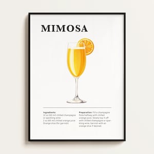 Póster de cóctel Mimosa, receta, impresión de cóctel, bar, arte de cocina, regalo para amantes de los cócteles. Regalo de arte mural de cócteles. Digital.