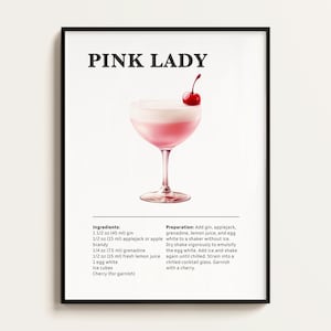 Póster de cóctel Pink Lady, receta, impresión de cóctel, bar, arte de cocina, regalo para amantes de los cócteles. Regalo de arte mural de cócteles. Digital.