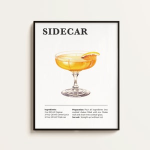 Sidecar Poster, Sidecar Rezept, Cocktail Print, Bar, Küchenkunst, Sidecar Liebhaber Geschenk. Cocktail Wand Kunst Geschenk. Digital.