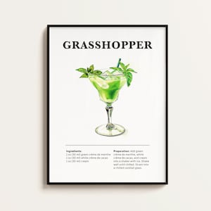 Grasshopper Cocktail Poster, Rezept, Cocktail Druck, Bar, Küchenkunst, Cocktail Liebhaber Geschenk. Cocktail Wand Kunst Geschenk. Digital.