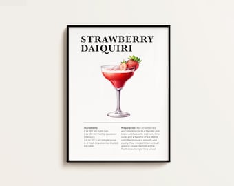 Strawberry Daiquiri Recipe Print: Cocktail Bar Kitchen Art (Digital Download)