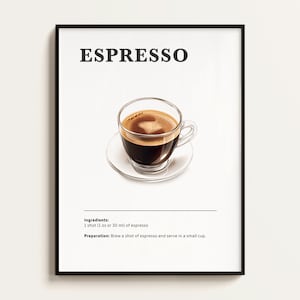 Póster de espresso, receta de bebida de café, impresión de café, póster de bar, arte de café, regalo para amantes del café. Regalo de arte mural con café. Descargable.