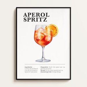 Póster de Aperol Spritz, receta de Aperol, Prosecco, impresión de cóctel, bar, arte de cocina, regalo para amantes del Aperol Spritz. Regalo de arte mural de cóctel. Digital.