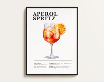 Plakat Aperol Spritz, Przepis na Aperol, Prosecco, Wydruk Koktajlowy, Bar, Sztuka Kuchenna, Prezent Miłośnika Aperol Spritz. Prezent Ścienny Koktajlowy. Cyfrowy.