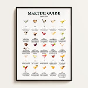 Guida ai Martini, 25 cocktail Martini, ricette di cocktail, regalo per gli amanti del Martini, arte Martini, arte da cucina, decorazioni. Regalo per pareti da bar.
