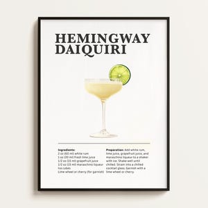 Póster de cóctel Daiquiri de Hemingway, receta, impresión de cóctel, bar, arte de cocina, regalo para amantes de los cócteles. Regalo de arte mural de cócteles. Digital.