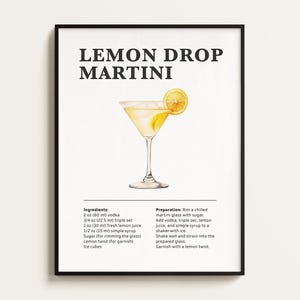 Poster del cocktail Lemon Drop Martini, ricetta, stampa di cocktail, bar, arte da cucina, regalo per gli amanti dei cocktail. Regalo di arte murale per cocktail. Digitale.