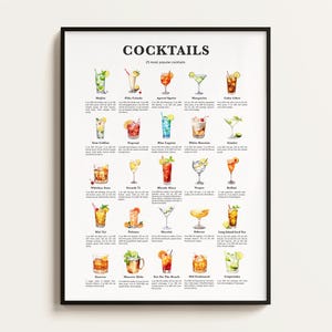 25 cócteles populares, impresión de recetas de cócteles, impresión de cócteles, arte de cócteles, arte de cocina, decoración de cocina. Regalo de arte mural de cócteles. Descargable