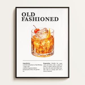 Poster Old Fashioned, Ricetta Old Fashioned, Stampa Cocktail, Bar, Arte da Cucina, Regalo per gli amanti degli Old Fashioned. Regalo di Arte Murale Cocktail. Digitale.