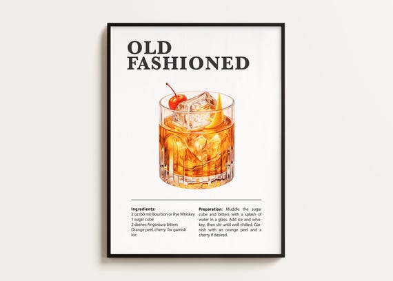 Old Fashioned Cocktail Recipe Print, Bar Kitchen Wall Art (Digital Download)