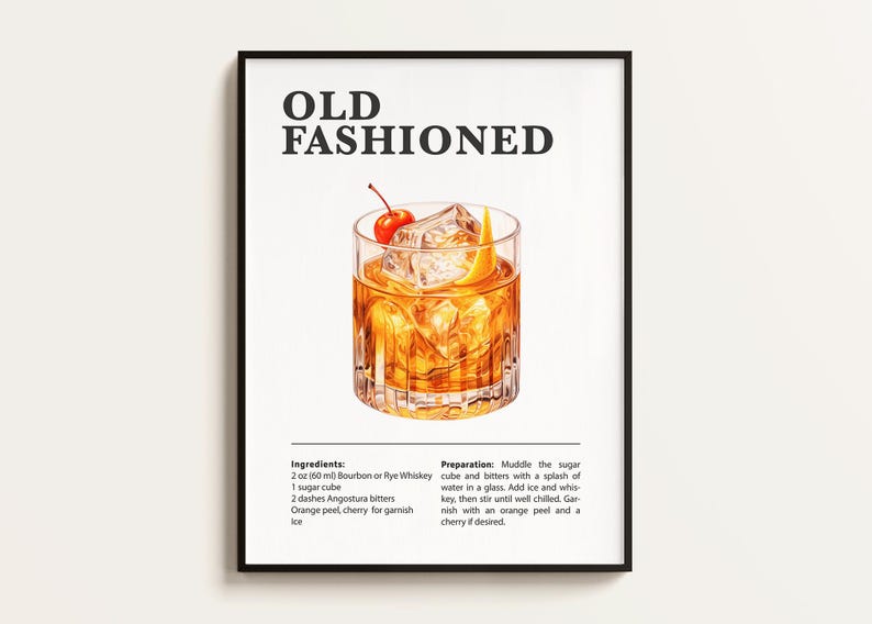 May include: A printable recipe card for an Old Fashioned cocktail. The card features a hand-drawn illustration of an Old Fashioned cocktail in a rocks glass with an orange peel and a cherry garnish. The recipe includes the ingredients and preparation instructions.