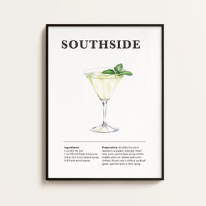 Póster de cóctel Southside, receta, impresión de cóctel, bar, arte de cocina, regalo para amantes de los cócteles. Regalo de arte mural de cócteles. Digital.