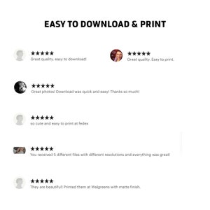May include: Five customer reviews with five stars each, highlighting the ease of downloading and printing digital files. Reviews mention the quality of the photos, the speed of the download, and the ease of printing at FedEx and Walgreens.