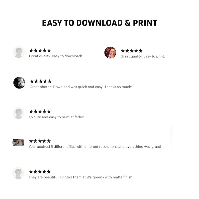 May include: Five customer reviews with five stars each, highlighting the ease of downloading and printing digital files. Reviews mention the quality of the photos, the speed of the download, and the ease of printing at FedEx and Walgreens.