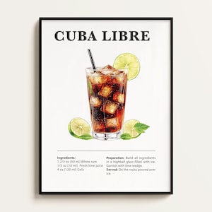 Póster de Cuba Libre, receta de Cuba Libre, impresión de cóctel, bar, arte de cocina, regalo para amantes de Cuba Libre. Regalo de arte mural de cóctel. Digital.