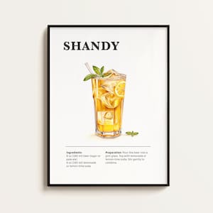 Shandy Cocktail Poster, Rezept, Cocktail Druck, Bar, Küchenkunst, Cocktail Liebhaber Geschenk. Cocktail Wand Kunst Geschenk. Digital.