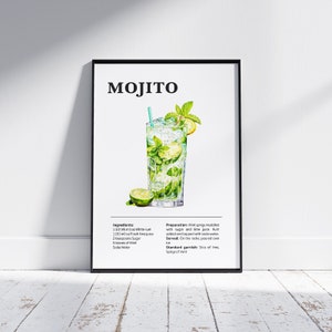 May include: A printable recipe card for a Mojito cocktail. The card features a watercolor illustration of a Mojito in a tall glass with a lime wedge, mint leaves, and ice. The ingredients and preparation instructions are listed below the image.