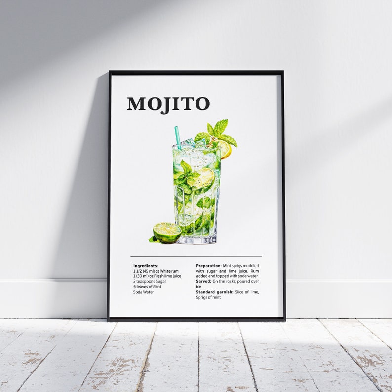 May include: A printable recipe card for a Mojito cocktail. The card features a watercolor illustration of a Mojito in a tall glass with a lime wedge, mint leaves, and ice. The ingredients and preparation instructions are listed below the image.