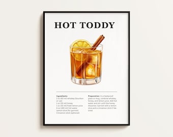 Receta de Hot Toddy para imprimir, ilustración de cóctel, arte para bar o cocina (descarga digital)