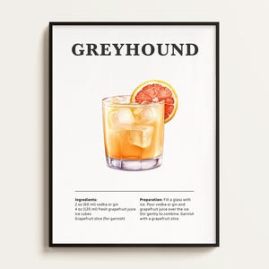 Póster de cóctel Greyhound, receta, impresión de cóctel, bar, arte de cocina, regalo para amantes de los cócteles. Regalo de arte mural de cócteles. Digital.