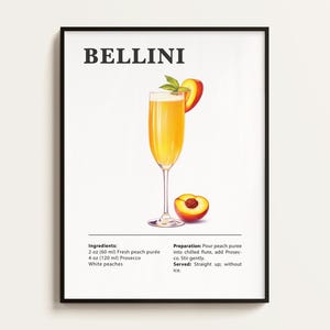 Poster Bellini, Ricetta Bellini, Stampa Cocktail, Bar, Arte da Cucina, Regalo per gli amanti del Bellini. Regalo di Arte Murale Cocktail. Digitale.
