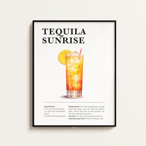 Poster Tequila Sunrise, Ricetta Tequila Sunrise, Stampa Cocktail, Bar, Arte da Cucina, Regalo per gli amanti di Tequila Sunrise. Regalo di Arte da Cocktail. Digitale.