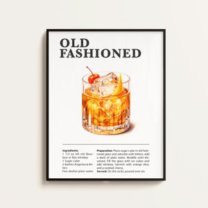 May include: A printable recipe card for an Old Fashioned cocktail. The card features a hand-drawn illustration of a classic Old Fashioned cocktail in a rocks glass with an orange slice and a cherry garnish. The recipe includes ingredients and instructions for making the cocktail.