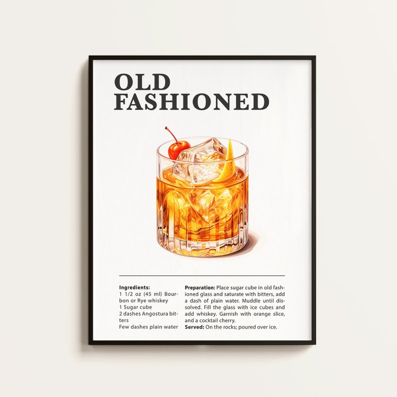 May include: A printable recipe card for an Old Fashioned cocktail. The card features a hand-drawn illustration of a classic Old Fashioned cocktail in a rocks glass with an orange slice and a cherry garnish. The recipe includes ingredients and instructions for making the cocktail.