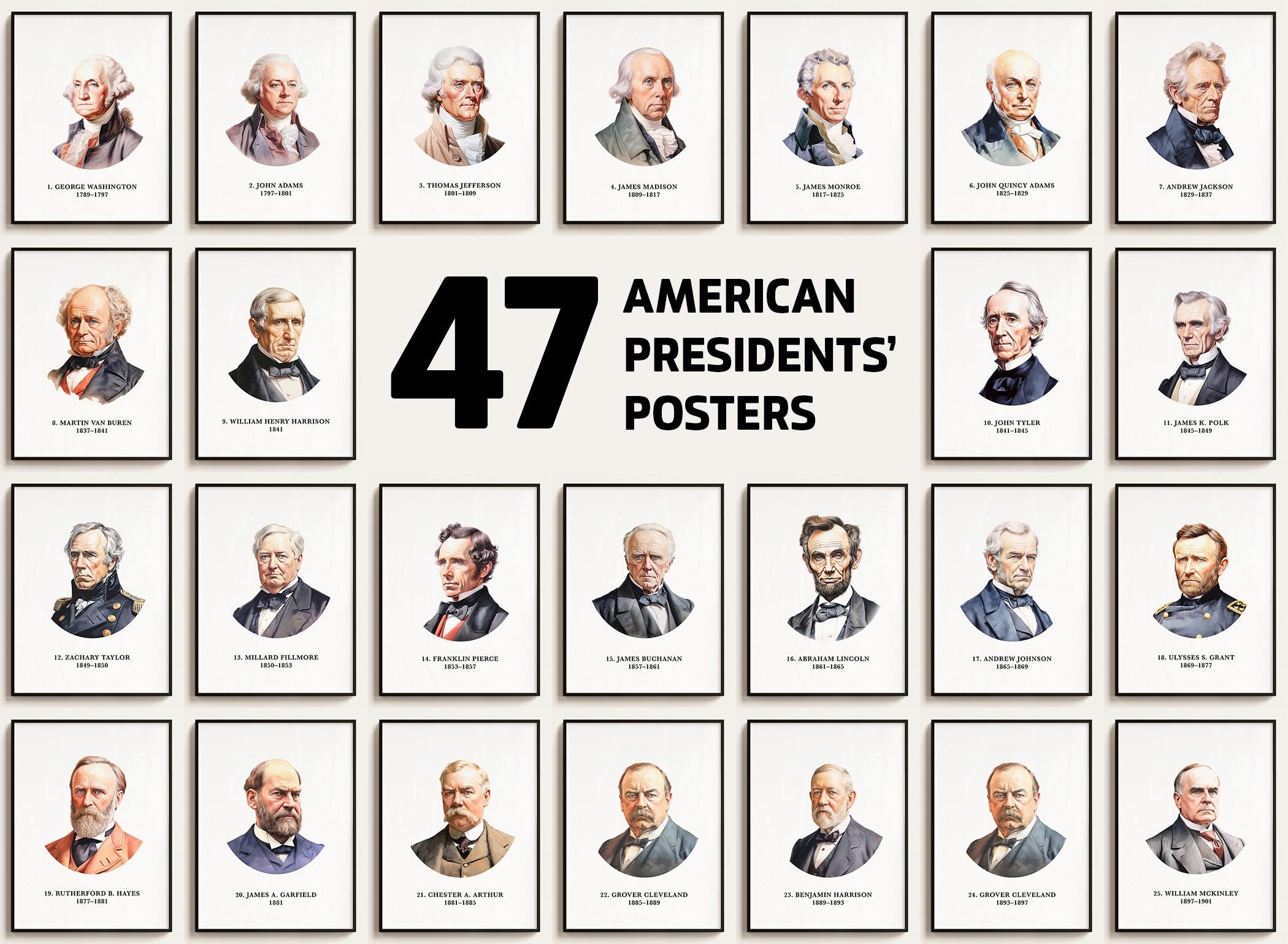 All U.S. Presidents — Individual Posters Bundle. Vertical. Historical educational patriotic classroom poster. Downloadable Printable Files.