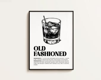 May include: Black and white framed print featuring an illustration of an Old Fashioned cocktail. The image shows a glass filled with ice and a drink, with a straw. The word "OLD FASHIONED" is printed below the glass, along with the drink's ingredients and preparation instructions.