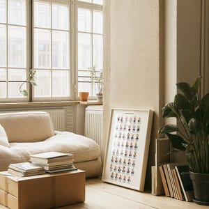 May include: A white framed print with a grid of small portraits of people. The print is hanging on a wall in a living room with a beige couch, a stack of books, and a potted plant.