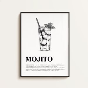 Póster vintage de mojito con tinta, impresión retro en blanco y negro con receta de cóctel, arte de bar y cocina, regalo para amantes del mojito. Arte mural de cócteles.