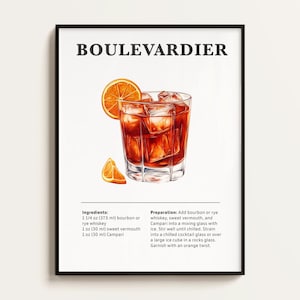 Póster de cóctel Boulevardier, receta, impresión de cóctel, bar, arte de cocina, regalo para amantes de los cócteles. Regalo de arte mural de cócteles. Digital.