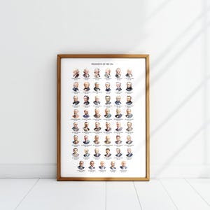 May include: A framed poster with a white background and a brown frame. The poster features a grid of portraits of all the presidents of the United States, with their names and numbers listed below each portrait. The title of the poster is "Presidents of the USA".