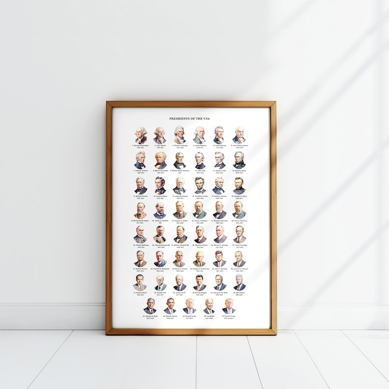 May include: A framed poster with a white background and a brown frame. The poster features a grid of portraits of all the presidents of the United States, with their names and numbers listed below each portrait. The title of the poster is "Presidents of the USA".