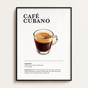May include: A printable poster with a black frame and white background. The poster features a graphic of a small glass of espresso with a brown liquid and a white foam top. The text "CAFÉ CUBANO" is at the top of the poster. Below the graphic, the poster lists the ingredients and preparation instructions for making a café cubano.