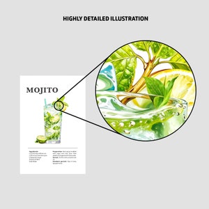 May include: A watercolor illustration of a mojito cocktail recipe. The image shows a glass of mojito with lime wedges, mint leaves, and ice. The recipe includes ingredients and preparation instructions. The text "MOJITO" is at the top of the image.