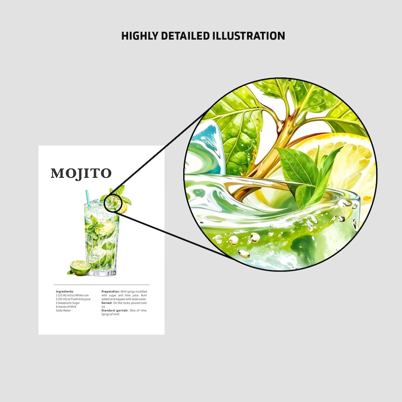 May include: A watercolor illustration of a mojito cocktail recipe. The image shows a glass of mojito with lime wedges, mint leaves, and ice. The recipe includes ingredients and preparation instructions. The text "MOJITO" is at the top of the image.