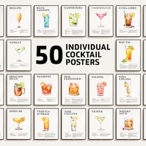 Pacchetto poster cocktail individuali, ricette cocktail popolari, poster cocktail bar, arte cocktail, arte cucina, pacchetto decorazioni bar. Scaricabile