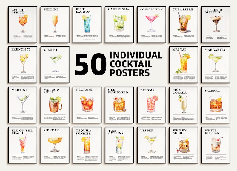 May include: A set of 50 individual cocktail posters featuring watercolor illustrations of various cocktails. Each poster includes the name of the cocktail and a list of ingredients. The posters are perfect for adding a touch of style to any bar or home.