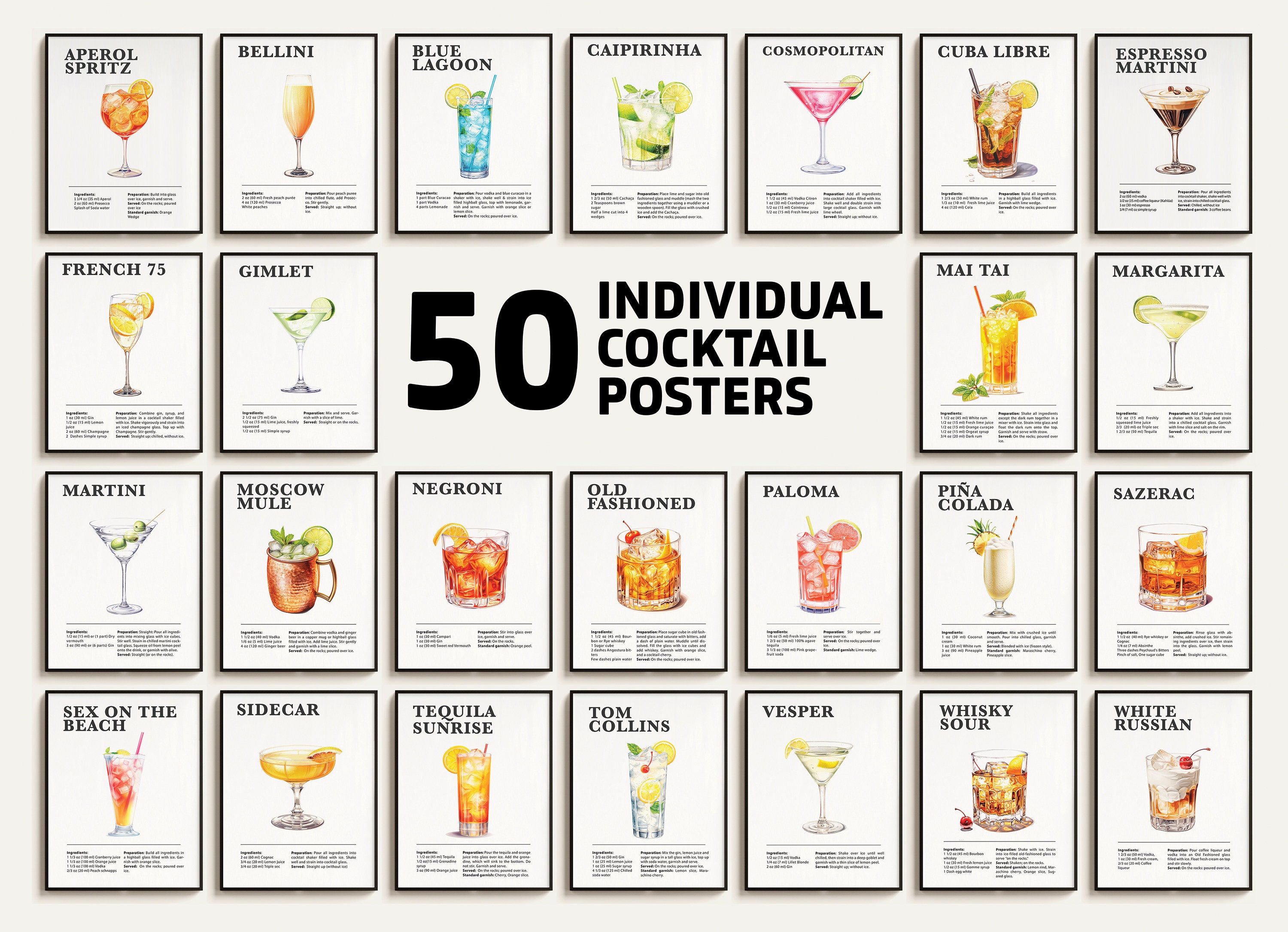 Indywidualny pakiet plakatów koktajlowych, popularne przepisy na koktajle, plakat do baru koktajlowego, sztuka koktajlowa, sztuka kuchenna, pakiet dekoracji baru. Do pobrania