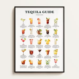 Guía del tequila, 25 cócteles de tequila, Impresión de recetas de cócteles, Regalo para amantes del tequila, Arte con tequila, Arte con alcohol para la cocina o el bar, Regalo decorativo
