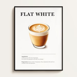Pôster branco plano, receita de bebida de café, impressão de café, cafeteria, pôster de café, arte de café, presente para amantes de café. Arte de parede de café para presente.