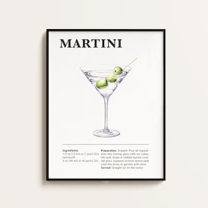 Póster de martini, receta de martini, impresión de cóctel, bar, arte de cocina, regalo para amantes del martini. Regalo de arte mural de cócteles. Digital.