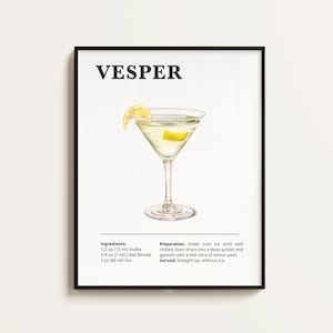 Vesper Poster, Vesper Rezept, Cocktail Print, Bar, Küchenkunst, Vesper Liebhaber Geschenk. Cocktail Wand Kunst Geschenk. Digital.