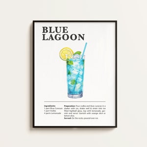 Blaue Lagune Poster, Blaue Lagune Rezept, Cocktail Druck, Bar, Küchenkunst, Blaue Lagune Liebhaber Geschenk. Cocktail Wand Kunst Geschenk. Digital.