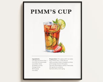 Póster con receta de cóctel Pimm's Cup, Arte digital para bar y cocina